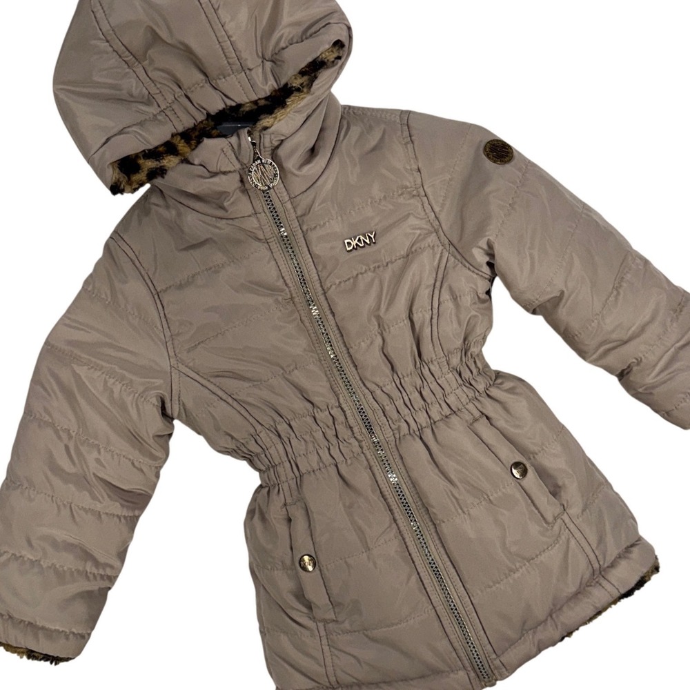 DKNY Toddler Girls Reversible Puffer Jacket Leopard Faux Fur Taupe 24 Months